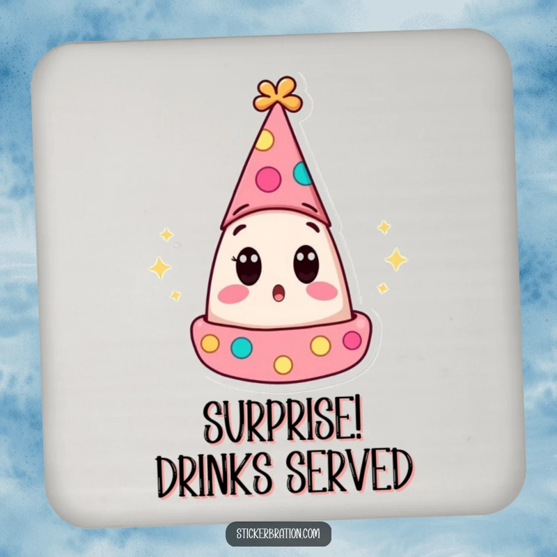 Funny drink coaster with a surprised party hat character’s wide eyes popping open, adding a humorous and protective element to surfaces.