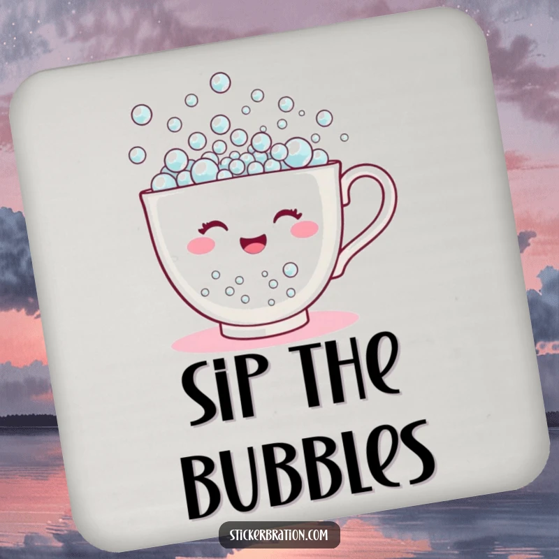 Funny drink coasters featuring a happy teacup character overflowing with tiny bubbles, adding cheerful and humorous protection.