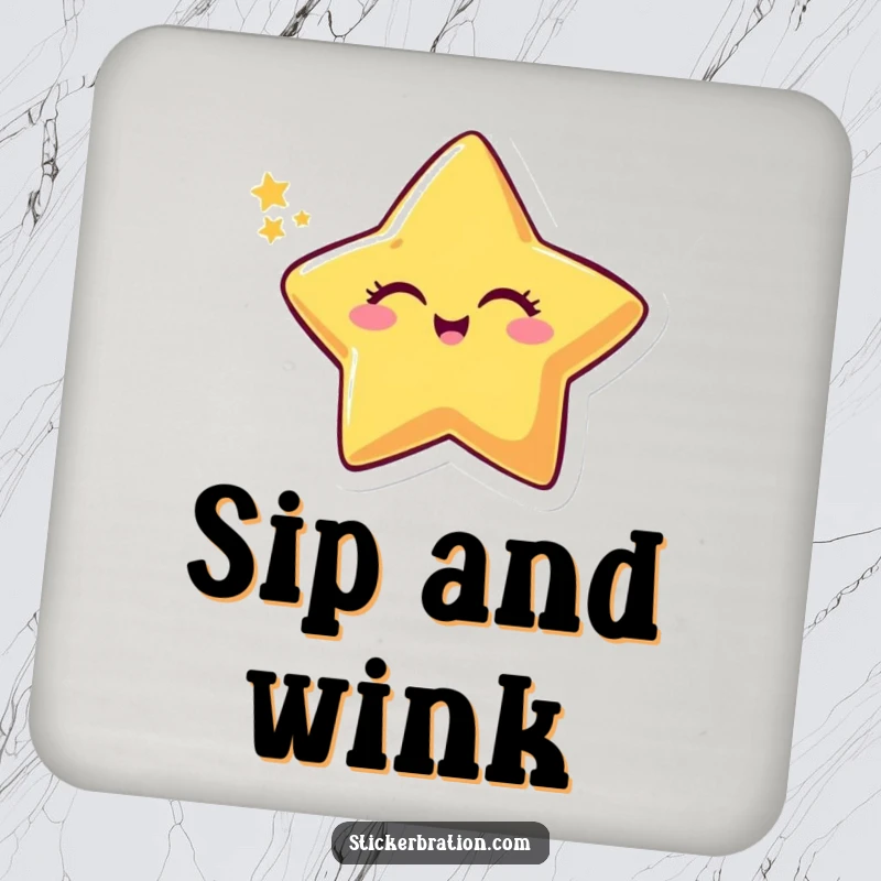 Funny drink coasters featuring a smiling star character winking with a sparkly trail, adding celestial and humorous protection.