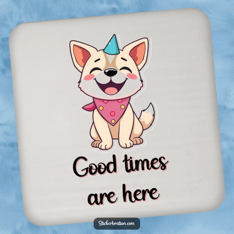 Funny dog character on a drink coaster, wearing a party bandana and wagging its tail, with happy flair.