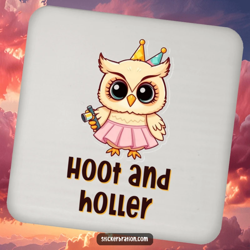 Funny coasters depicting a grinning owl in a party dress holding a noisemaker, adding decorative and protective whimsical charm.