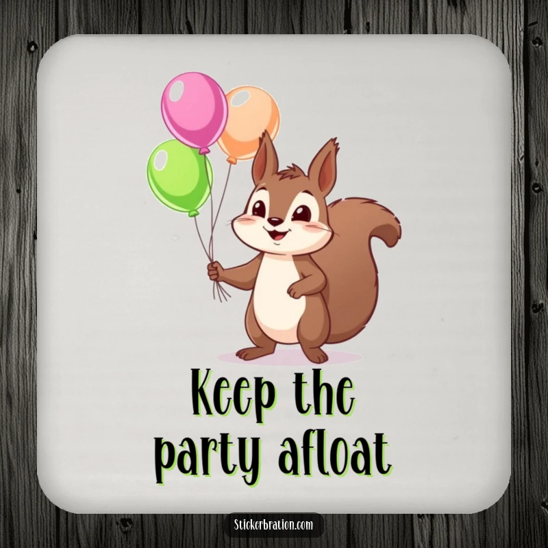 Funny squirrel drink coasters featuring a mischievous character juggling colorful balloons, providing a playful and protective touch to any surface.