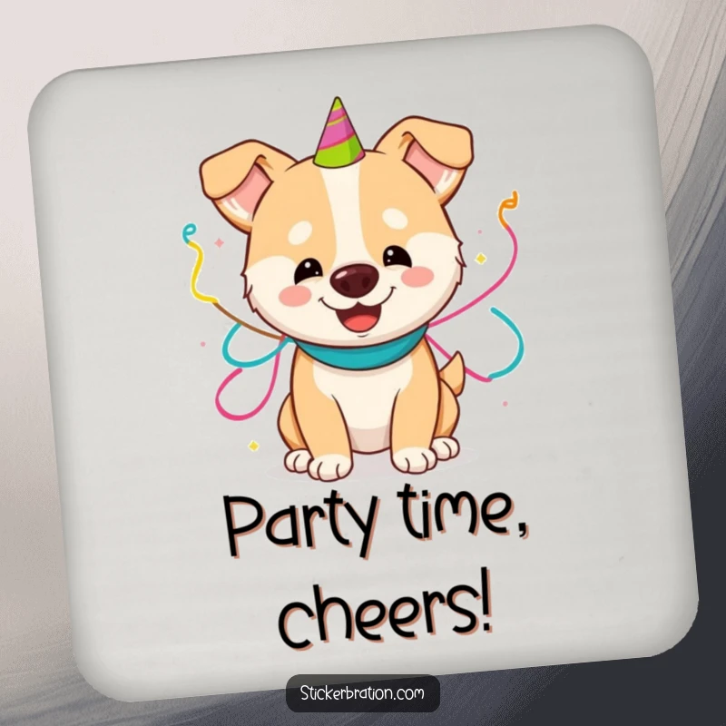Funny coaster featuring a joyful dog playfully adorned with party streamers, adding a touch of festive and humorous protection.
