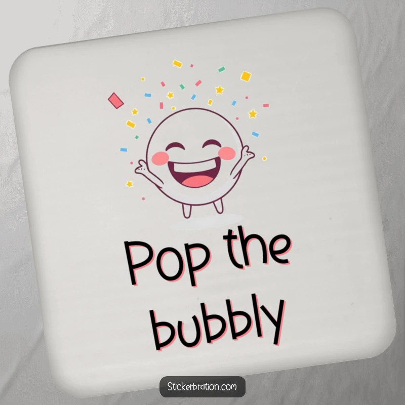 Funny drink coaster with a round character throwing confetti with a wide grin, adding festive charm.