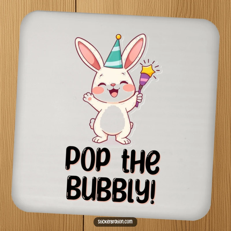 Funny bunny drink coasters featuring a cheerful character with a party popper, providing a humorous and protective layer for tables during celebrations.