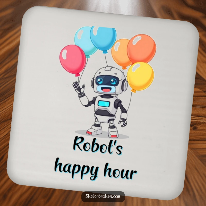 Funny drink coaster displaying a cute robot character energetically juggling colorful balloons with a happy beep, preventing spills with charm and humor.