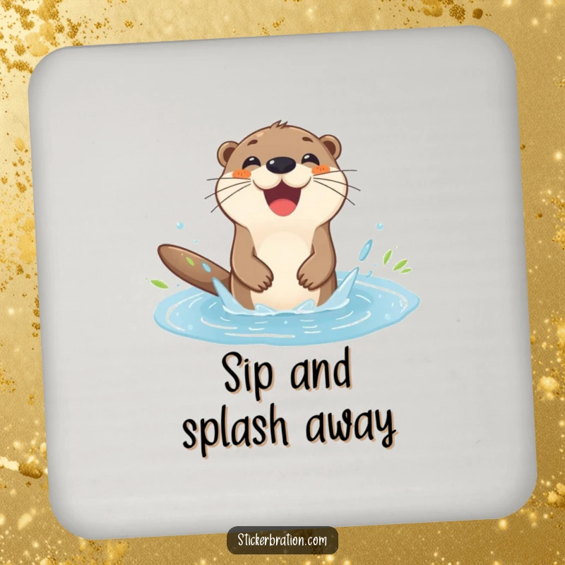 Funny otter drink coasters with a happy character splashing in a puddle, adding humor and protection to tables.