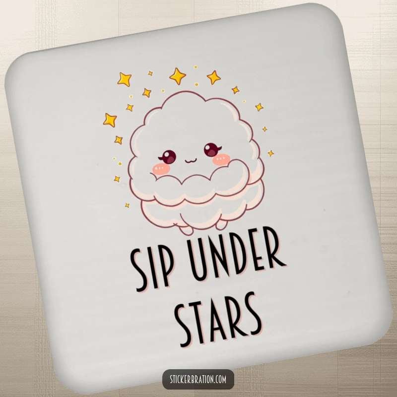 Funny drink coasters featuring a fluffy cloud character showering tiny golden stars, adding magical and humorous protection.