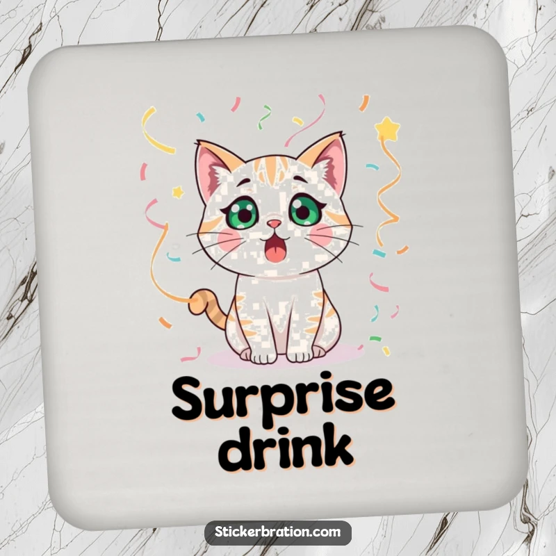 Funny cat character looking surprised, surrounded by streamers, on a charming drink coaster.
