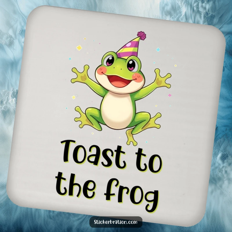 Funny drink coaster with a grinning frog in a party hat, joyfully jumping through a shower of sparkling glitter.