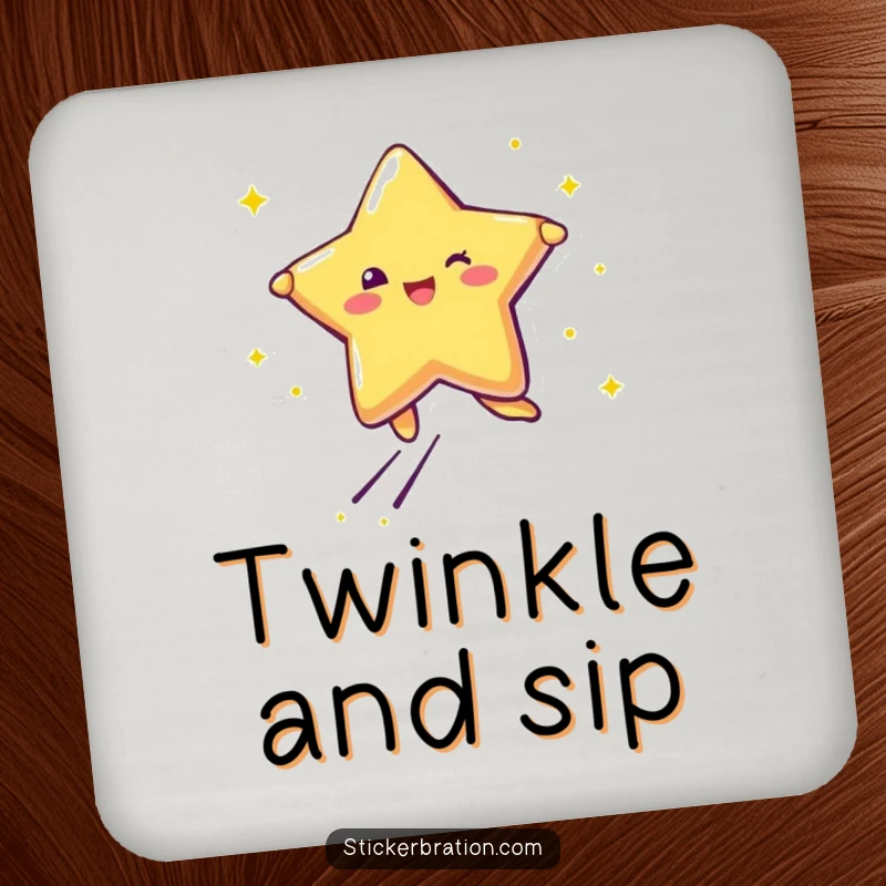Funny drink coaster with a star character leaping with joy, trailing glitter, adding sparkle to surfaces.