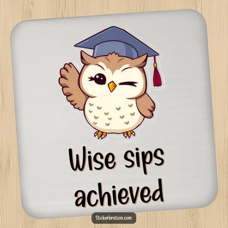Funny owl drink coaster showcasing a winking graduate owl wearing a cap and tossing it up, protecting surfaces with wise charm.