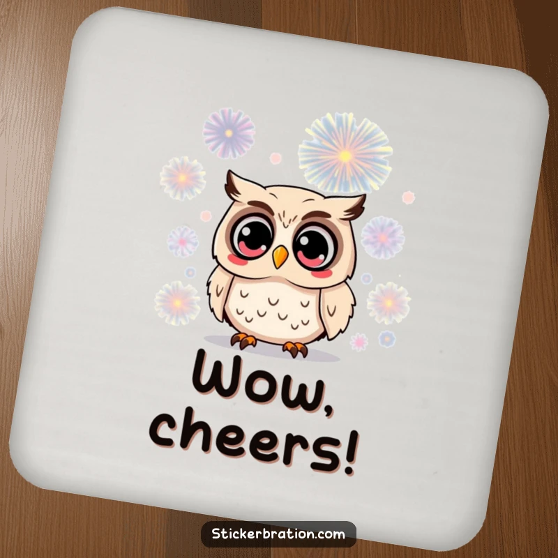 Funny owl drink coasters featuring a surprised character with wide eyes watching a firework, providing a humorous and protective touch to any surface.