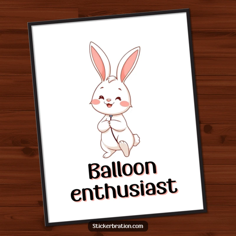 Funny poster capturing a happy rabbit holding the string of a large, colorful balloon, exuding innocent joy and whimsical delight.