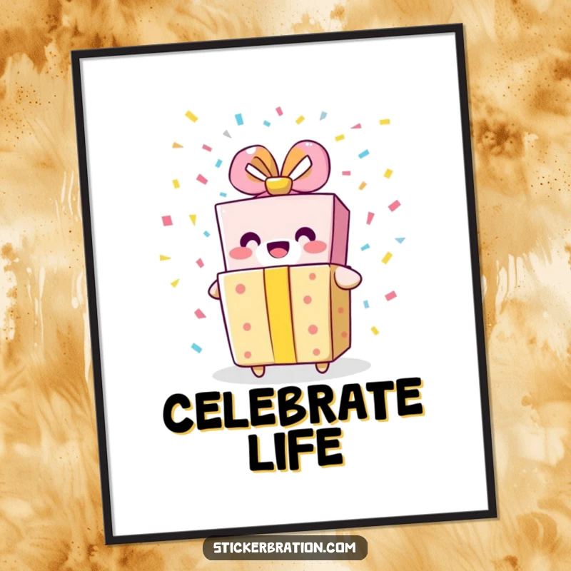 Funny gift box poster showcasing a smiling character bursting with confetti, perfect for bringing festive cheer and humor to wall art.