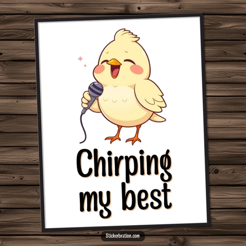 Funny poster showcasing a cheerful bird singing into a tiny microphone, adding musical charm to decor.