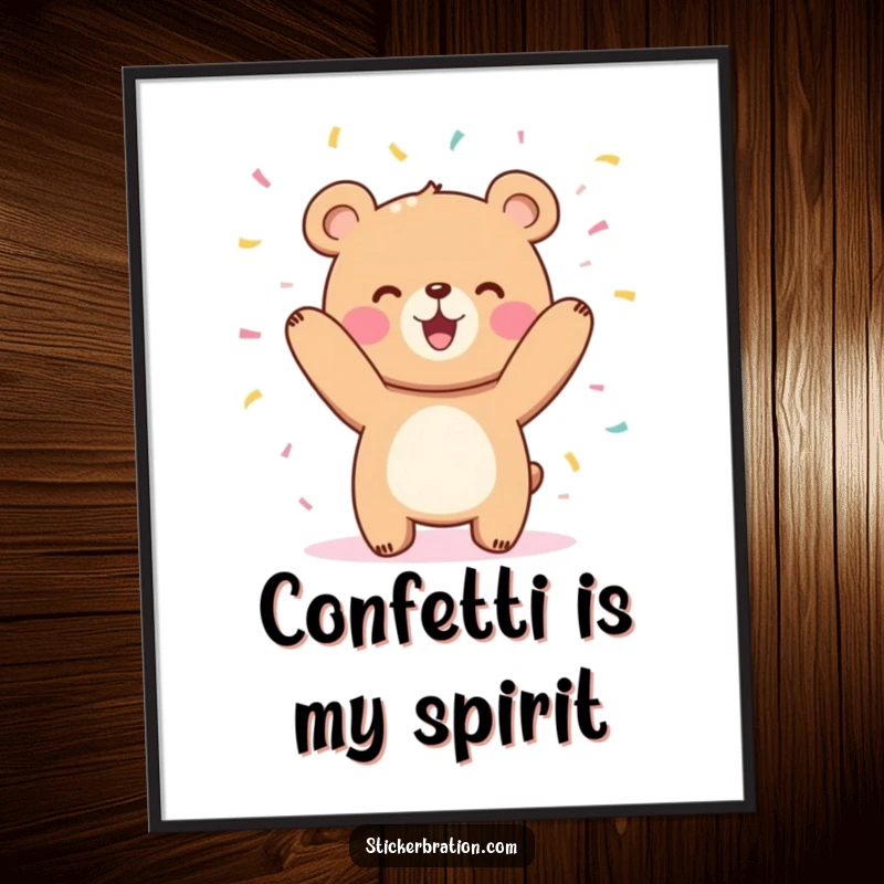 Funny cute bear character poster joyfully tossing confetti in the air, creating a festive and cheerful atmosphere.