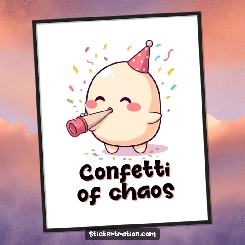 Funny poster displaying a cute blob character joyfully blowing a stream of confetti from a party horn, creating a humorous and festive scene.