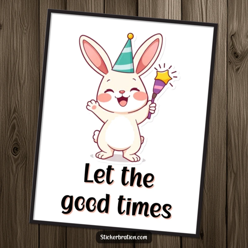 Funny bunny poster showcasing a cheerful character triumphantly holding a party popper, bringing vibrant energy and celebratory fun to wall decor.