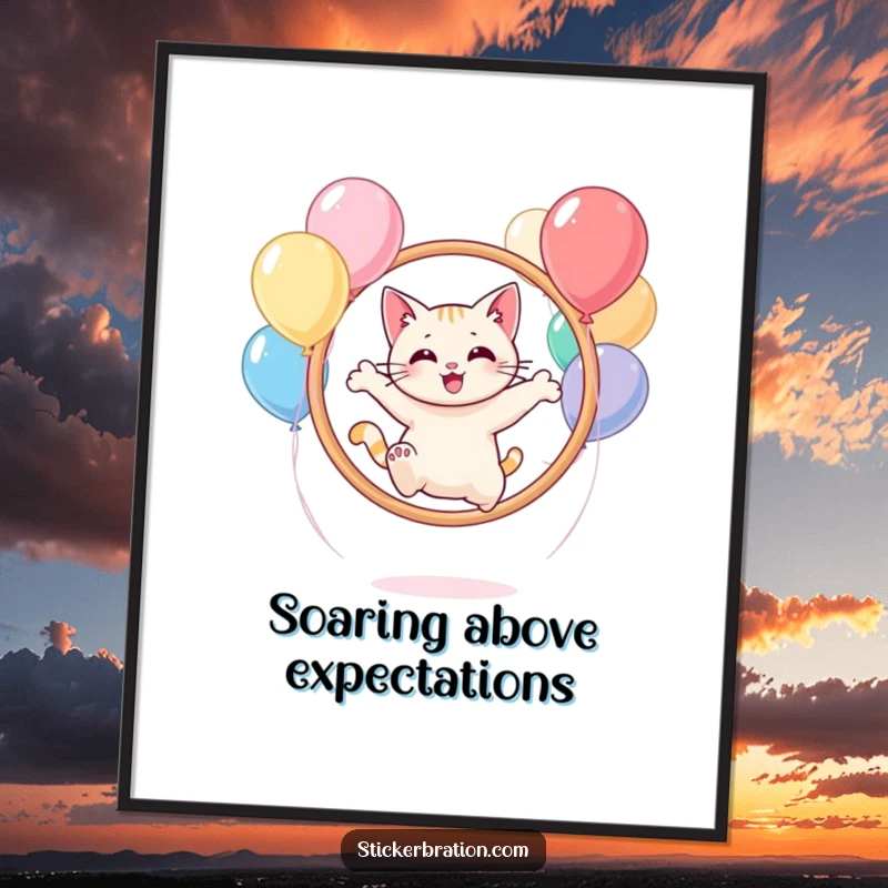 Funny cat character on a poster, leaping through a hoop of balloons with a delighted, energetic pose.