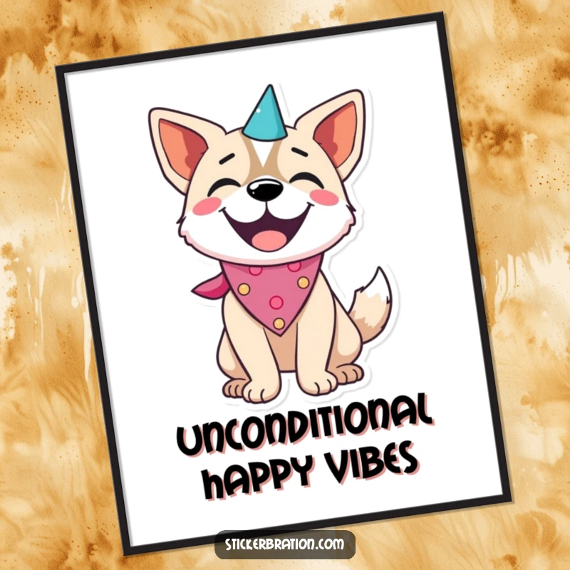 Funny dog character on a poster, wearing a party bandana and wagging its tail with pure joy.