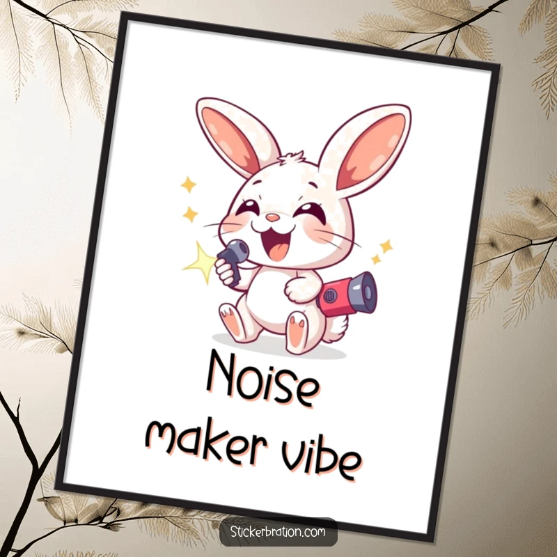 Funny poster illustrating an excited bunny with oversized ears, holding a sparkling noisemaker, creating a festive and joyful atmosphere.