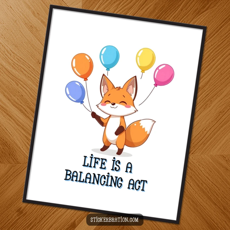 Funny fox poster depicting a playful character juggling colorful balloons, suitable for vibrant and humorous home decor.