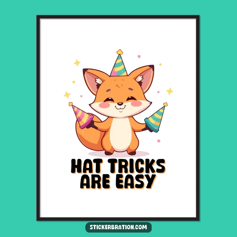 Funny Fox Juggling Poster: Playful Party Hat Art for Wall Decor