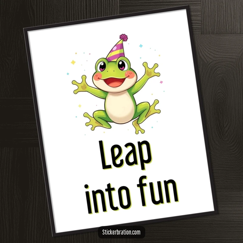 Funny poster capturing a happy frog in a festive party hat, joyfully jumping in a spectacular burst of glittering particles.