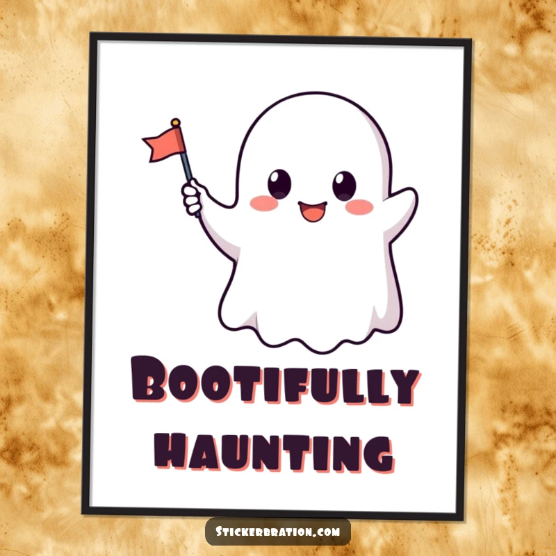 Funny poster featuring a cute ghost character waving a tiny flag, adding a touch of whimsical and friendly decor.