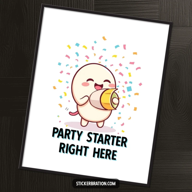 Funny poster depicting a giggling confetti cannon character in mid-blast, showering colorful paper streams, bringing festive energy to any room.