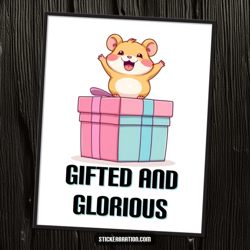 Funny art poster depicting a wildly excited hamster leaping ecstatically on a comically large gift box, full of celebration.
