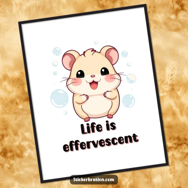 Funny hamster poster capturing a smiling character joyfully surrounded by a magical, effervescent bubble display. Whimsical wall art.
