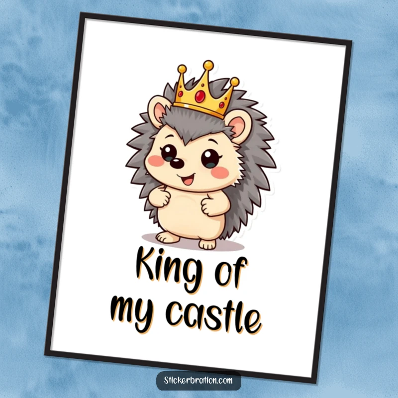 Funny hedgehog character on a poster, wearing a crown and striking a proud pose, exuding royalty.