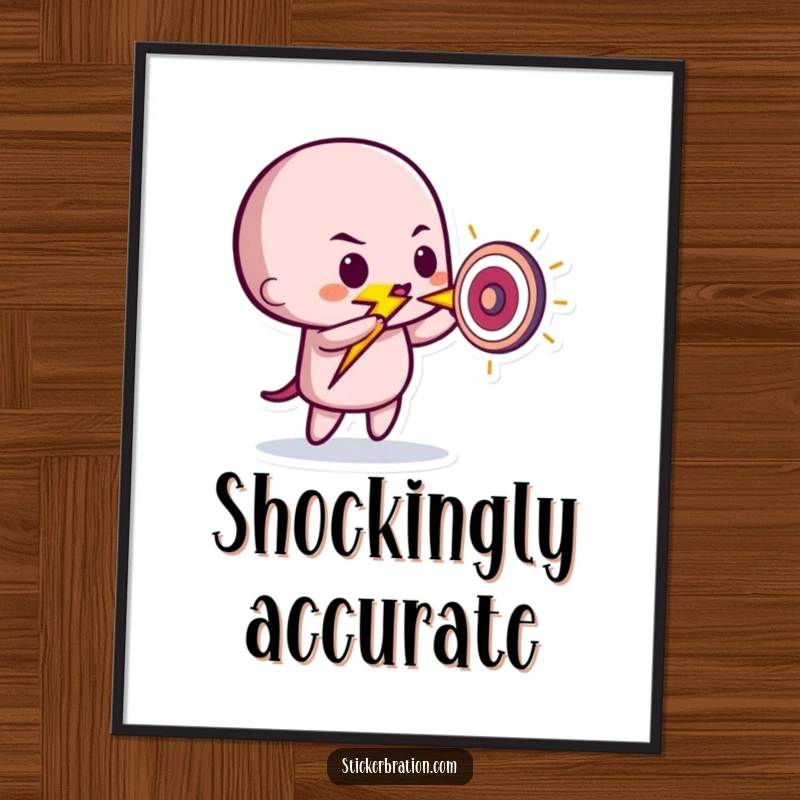 Funny poster featuring a dynamic lightning bolt character striking a tiny target, adding a humorous and energetic touch to any wall.