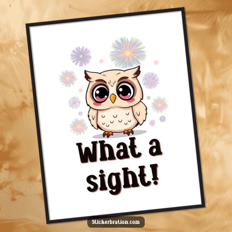 Funny owl poster showcasing a surprised character with wide, astonished eyes gazing at a dazzling firework, creating a captivating piece of wall art.
