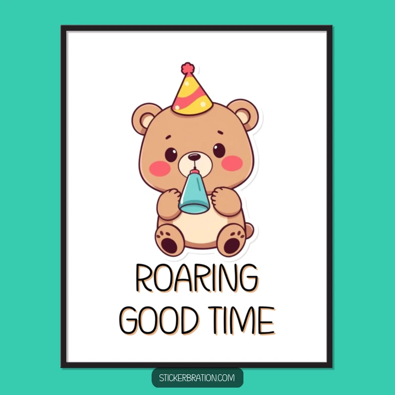 Funny Party Bear Poster: Cute Birthday Character Art, Festive Gift