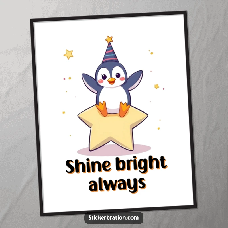 Funny poster of a happy penguin character doing a lively celebratory dance on a large, prominent star.