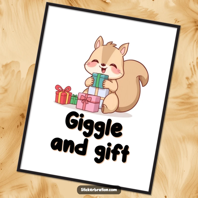 Funny poster showcasing a giggling squirrel holding a tall stack of colorful gifts, adding festive humor to decor.