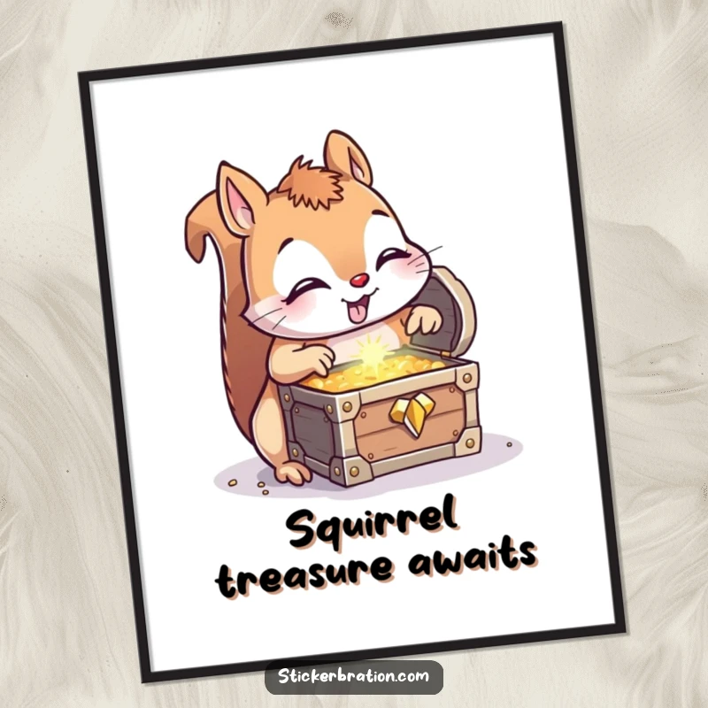 Funny Squirrel Treasure Poster: A curious squirrel is amazed by a sparkling treasure chest, vibrant wall art for a cheerful vibe.