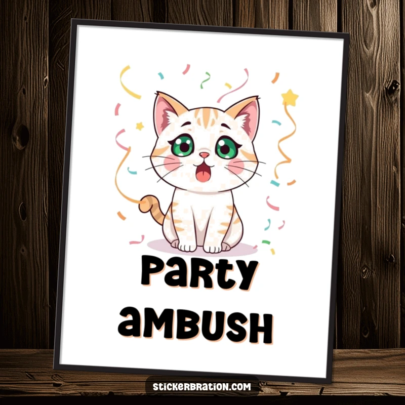 Funny cat character looking utterly surprised, engulfed by colorful streamers in a striking poster design.