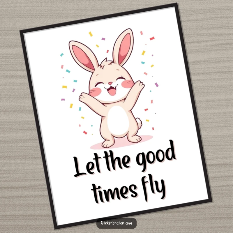Funny bunny poster depicting a character gleefully tossing confetti, bringing a festive and humorous atmosphere to any space.