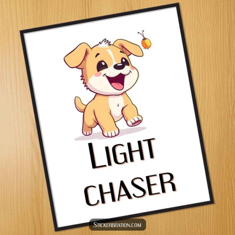 Funny Puppy Firefly Poster: An excited puppy full of joy chases a glowing firefly, capturing a magical night.