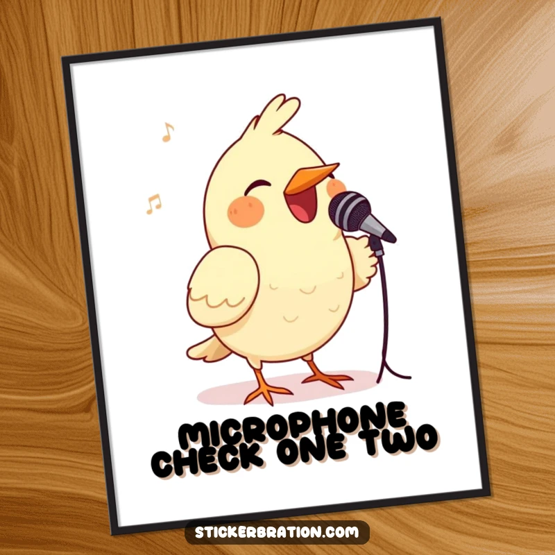 Funny bird poster featuring a joyful bird singing into a miniature microphone, creating a vibrant and humorous musical scene.