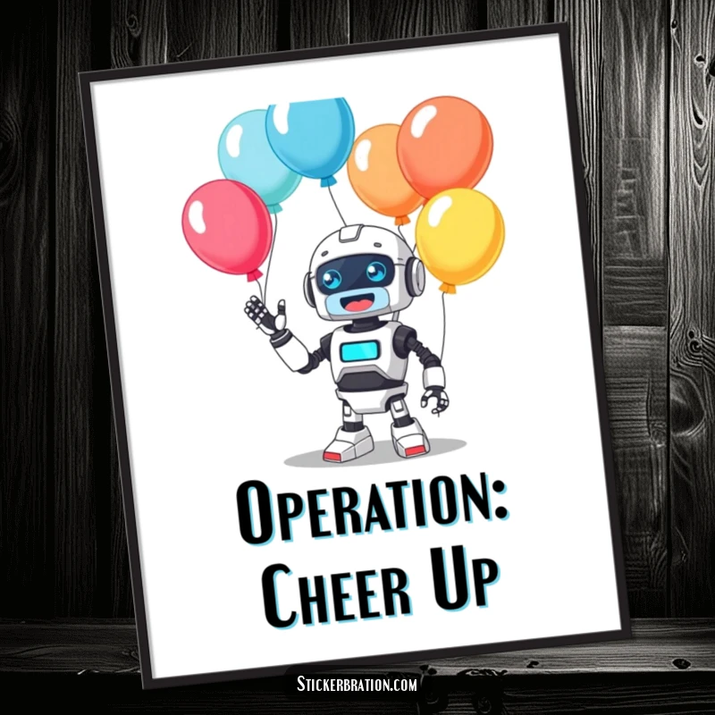 Funny poster depicting a cute, joyful robot character expertly juggling a multitude of colorful balloons, buzzing with a happy beep, for vibrant decor.