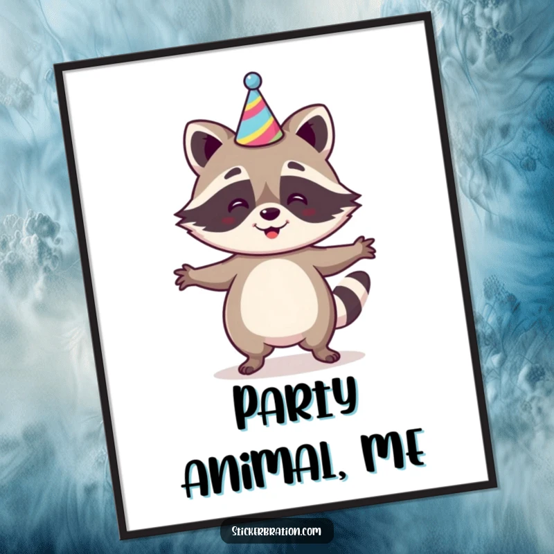Funny Raccoon Jig Poster showing a happy raccoon doing a jig in a party hat, adding a vibrant and humorous celebratory touch to any space, a fun gift.