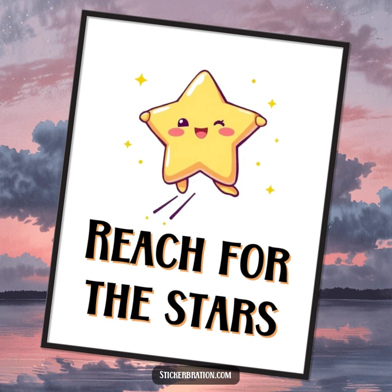 Funny poster print of a star character leaping with joy, trailing glitter, perfect for adding sparkle to walls.