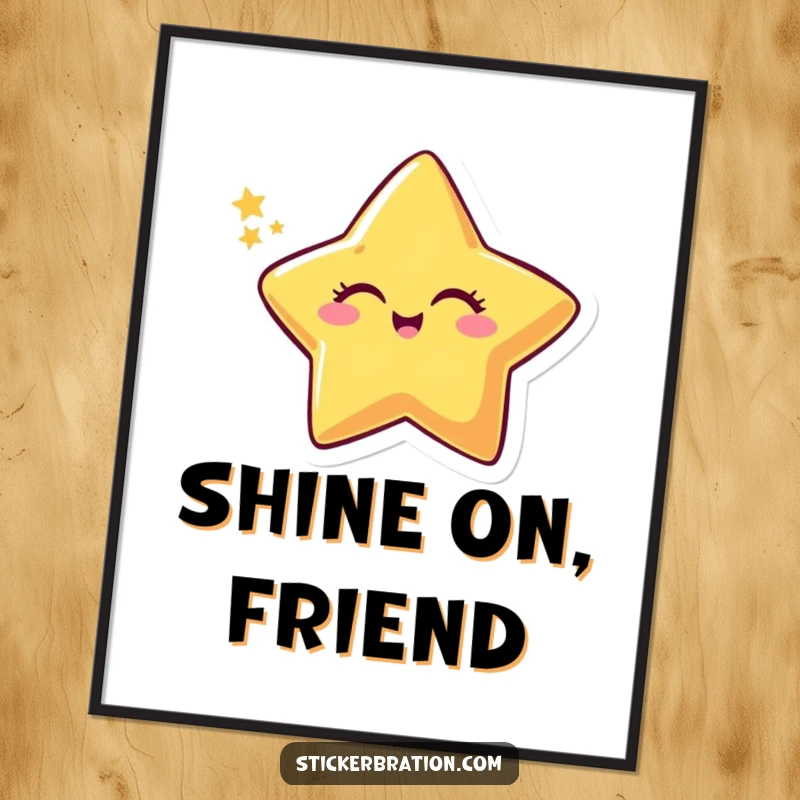 Funny poster of a smiling star character winking, leaving a prominent sparkly trail, creating a humorous and dazzling visual.