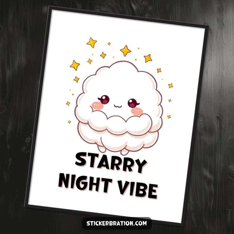 Funny poster of a fluffy cloud character showering tiny golden stars, creating a magical, whimsical, and humorous visual.