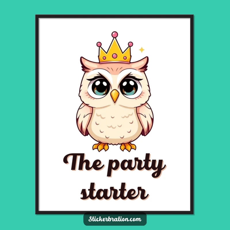 Funny Owl Poster: Shocked Party Crown Art, Whimsical Wall Decor Gift